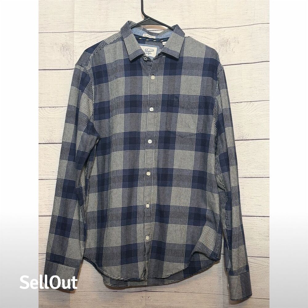 Penguin Men's Slim Fit Plaid Flannel Shirt Blue Long Sleeve Size Lg